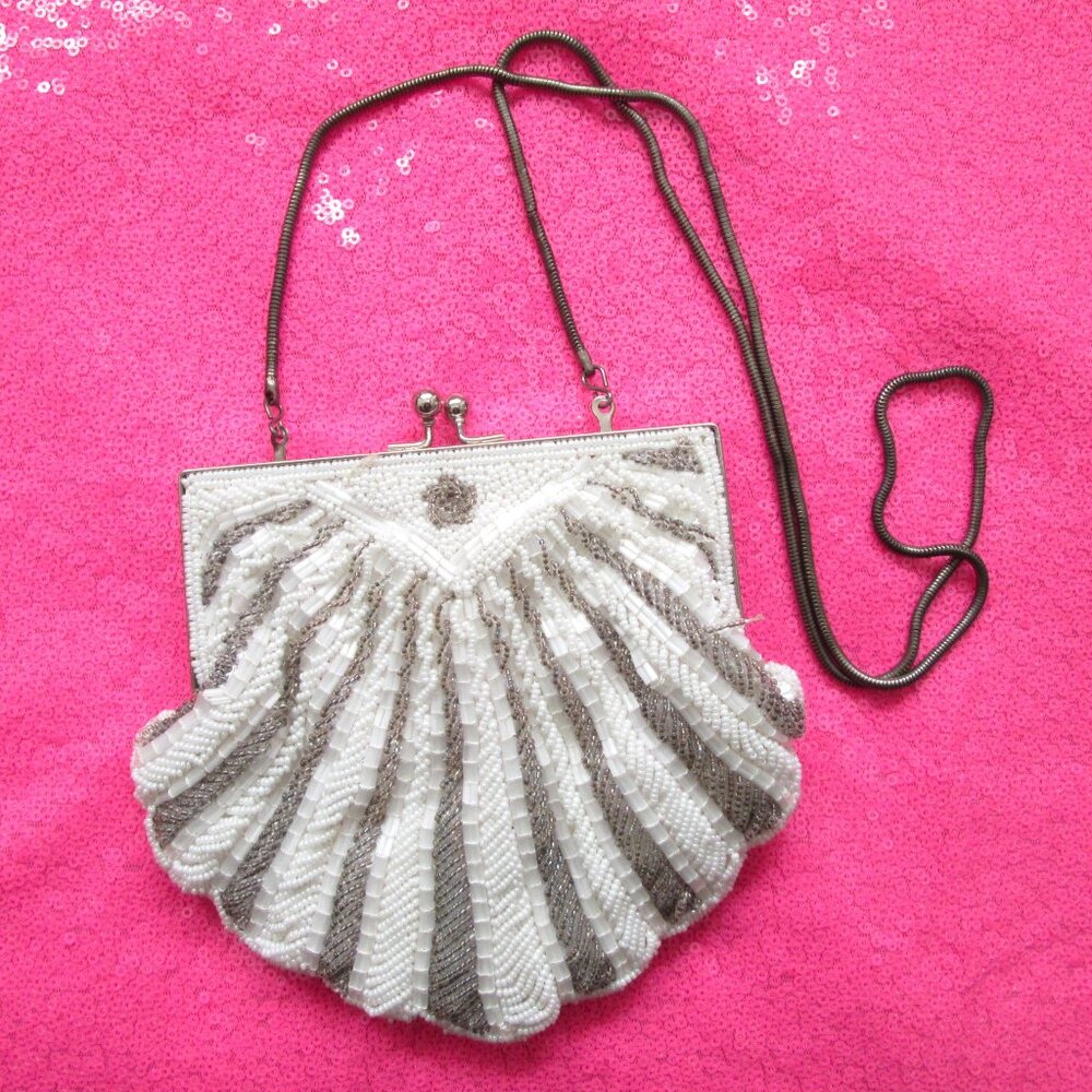 1950s vintage beaded evening purse prom white flapper bag
